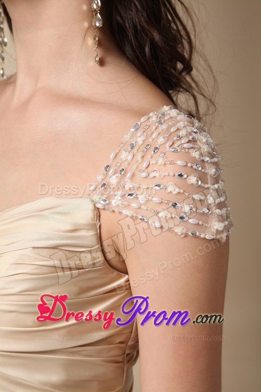 Soft and Feminine Gold Cap Sleeves Ruched Prom Evening Dress