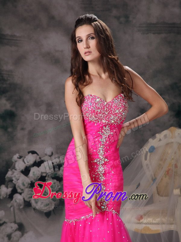 Side Zipper Sweetheart Rhinestones Hot Pink Dress for Prom