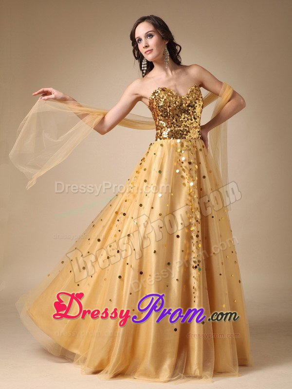 Outstanding A-line Sweetheart Sequins Gold Long Prom Dresses