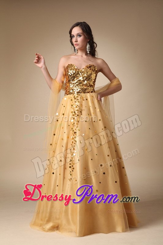 Outstanding A-line Sweetheart Sequins Gold Long Prom Dresses
