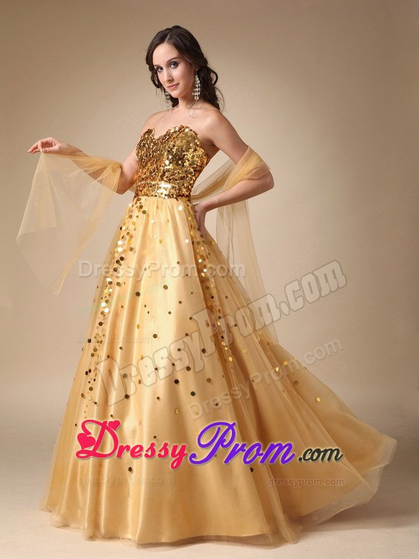 Outstanding A-line Sweetheart Sequins Gold Long Prom Dresses