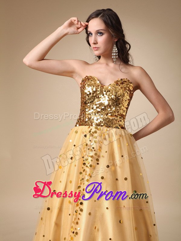 Outstanding A-line Sweetheart Sequins Gold Long Prom Dresses