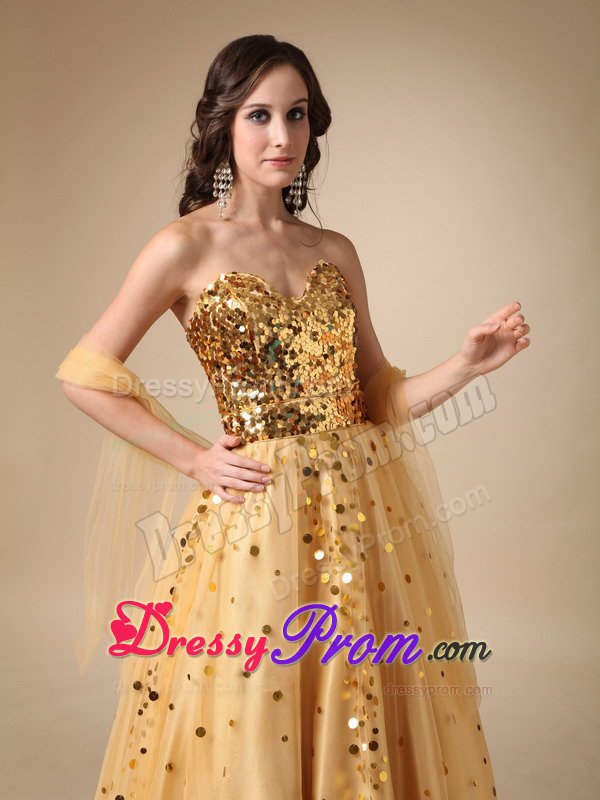 Outstanding A-line Sweetheart Sequins Gold Long Prom Dresses