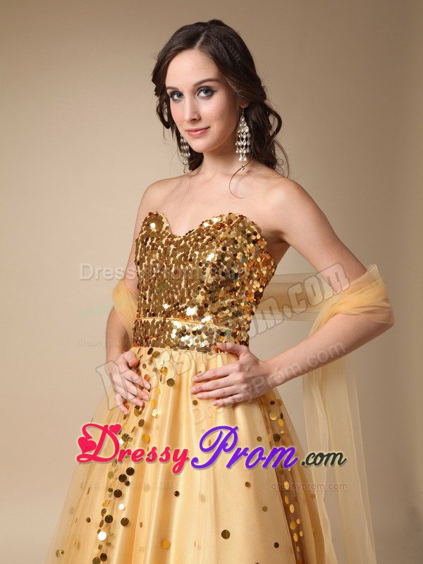 Outstanding A-line Sweetheart Sequins Gold Long Prom Dresses