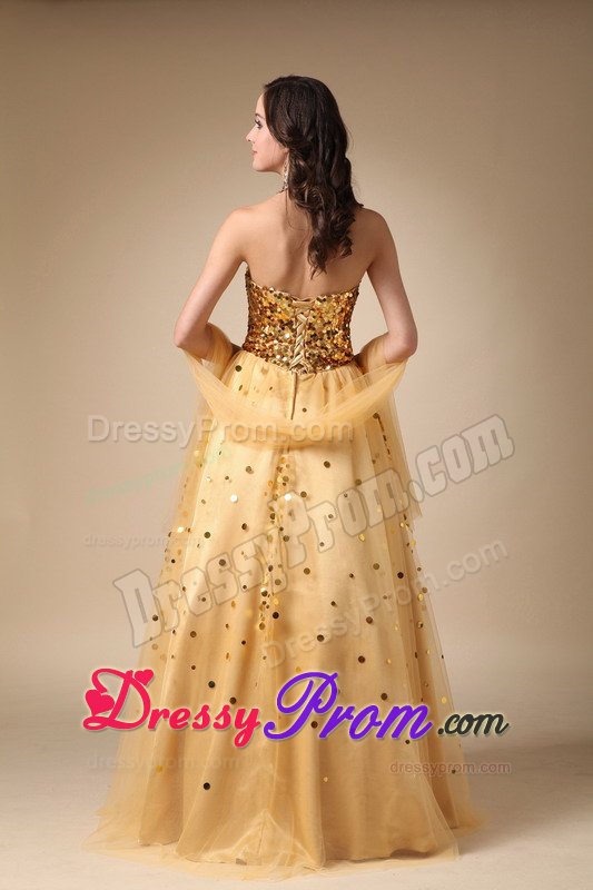 Outstanding A-line Sweetheart Sequins Gold Long Prom Dresses