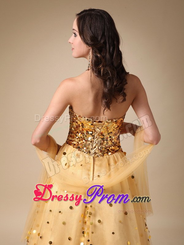 Outstanding A-line Sweetheart Sequins Gold Long Prom Dresses