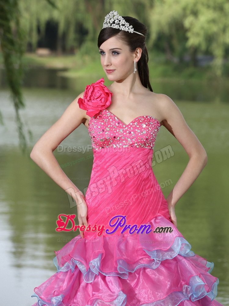 One Shoulder Flowers Beaded Ruffled Hot Pink Dress for Prom