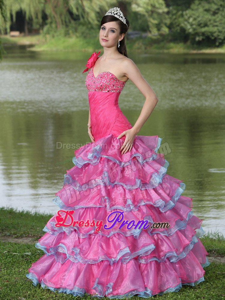 One Shoulder Flowers Beaded Ruffled Hot Pink Dress for Prom