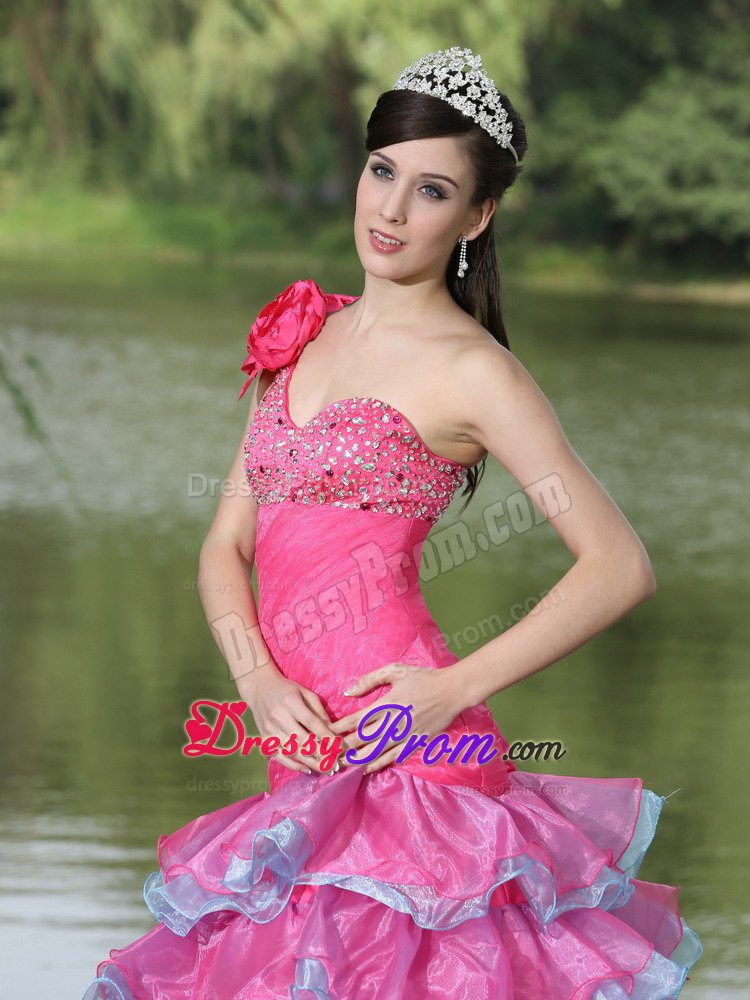 One Shoulder Flowers Beaded Ruffled Hot Pink Dress for Prom