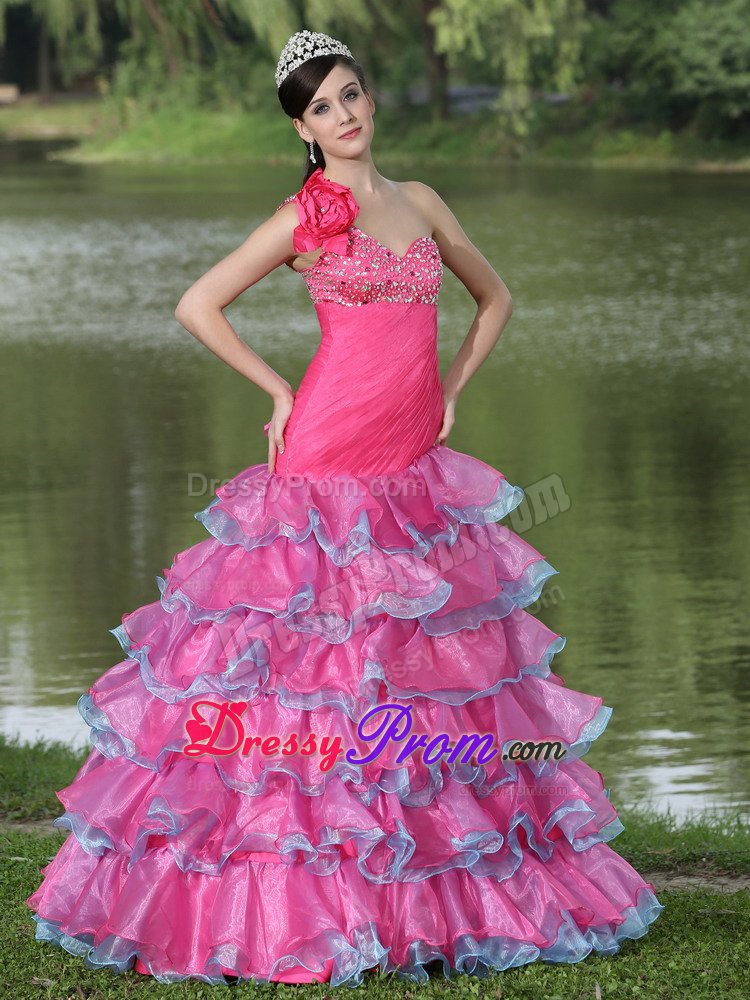 One Shoulder Flowers Beaded Ruffled Hot Pink Dress for Prom