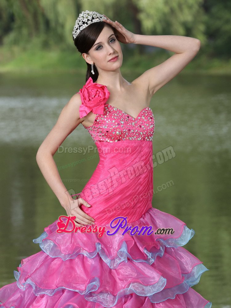One Shoulder Flowers Beaded Ruffled Hot Pink Dress for Prom