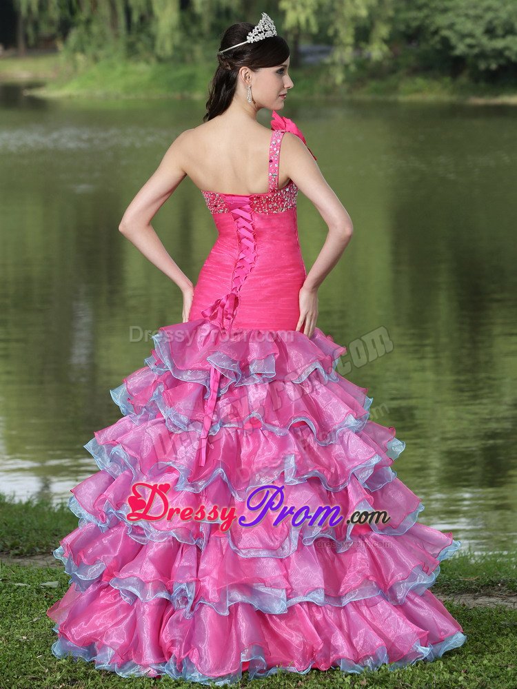 One Shoulder Flowers Beaded Ruffled Hot Pink Dress for Prom