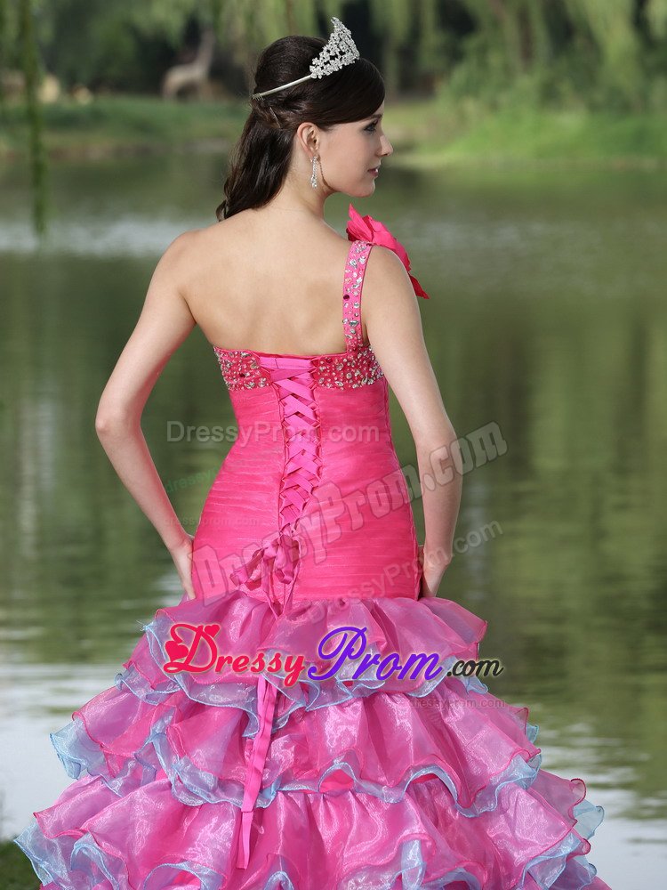 One Shoulder Flowers Beaded Ruffled Hot Pink Dress for Prom