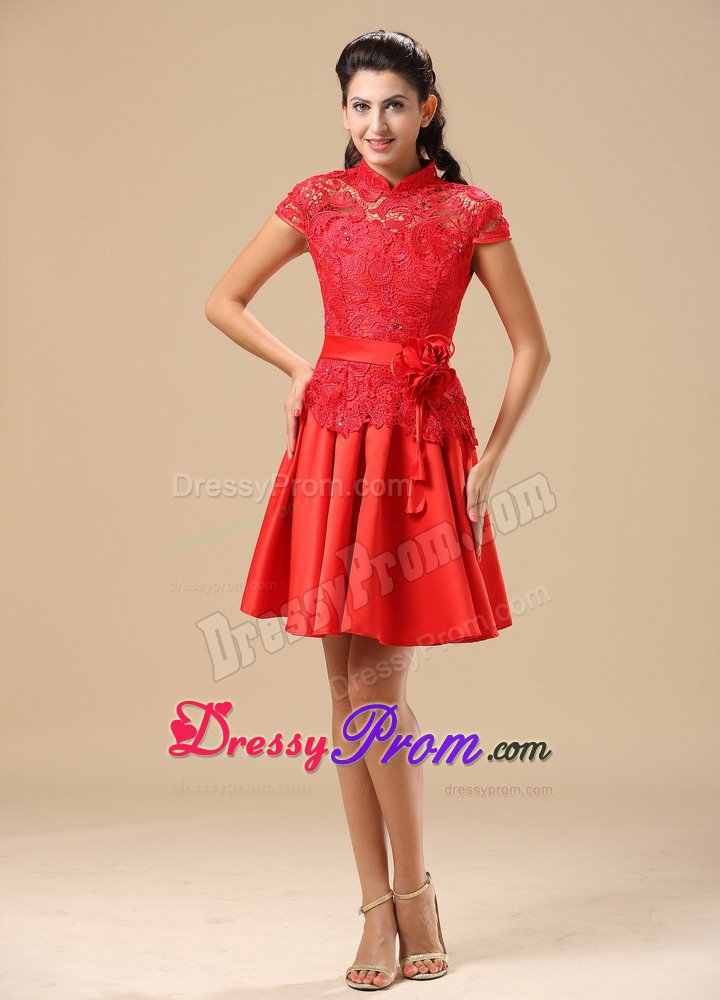 Traditional High-neck Cap Sleeves Red Lace Prom Dress for Girls