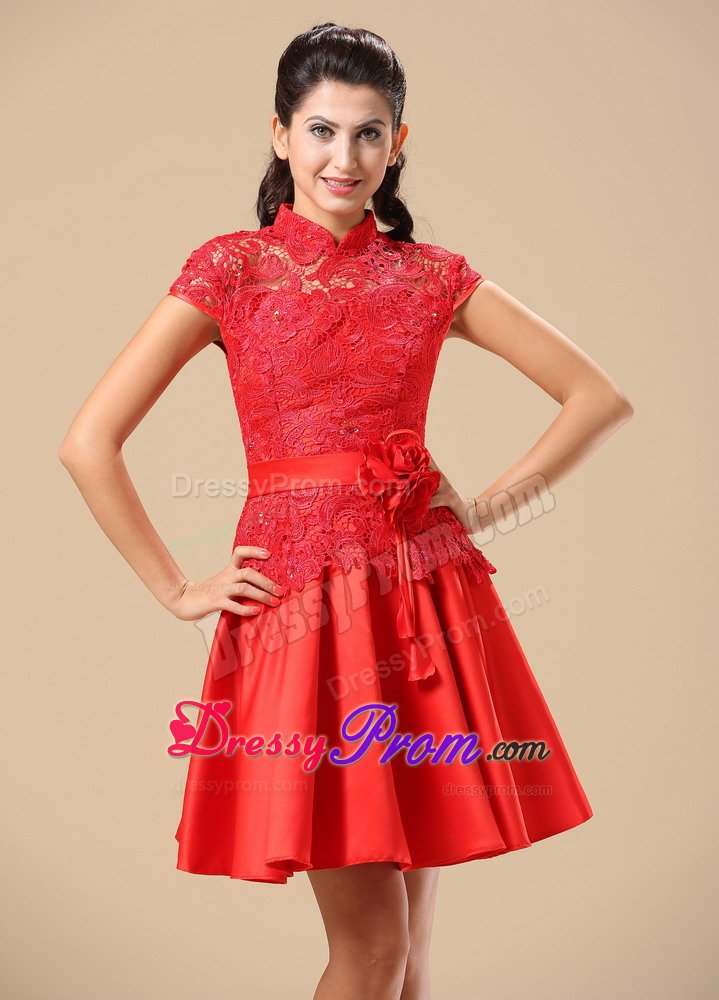 Traditional High-neck Cap Sleeves Red Lace Prom Dress for Girls