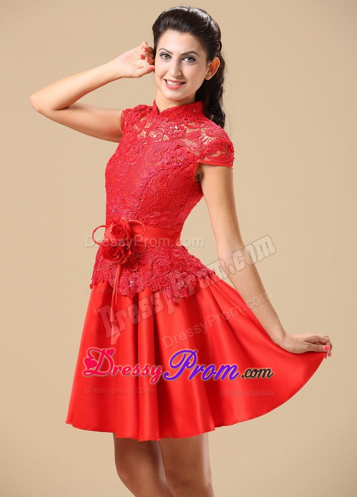 Traditional High-neck Cap Sleeves Red Lace Prom Dress for Girls