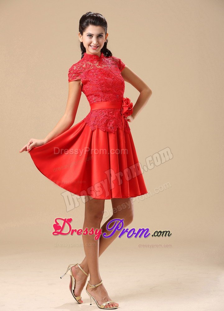 Traditional High-neck Cap Sleeves Red Lace Prom Dress for Girls