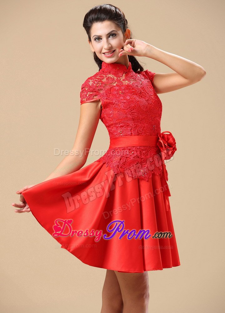 Traditional High-neck Cap Sleeves Red Lace Prom Dress for Girls