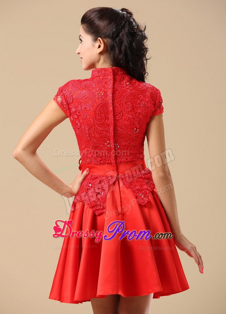 Traditional High-neck Cap Sleeves Red Lace Prom Dress for Girls