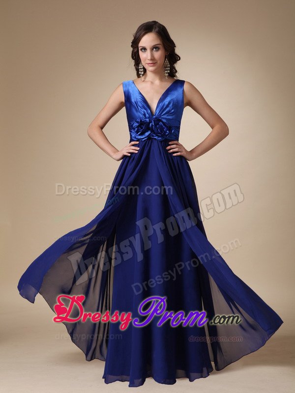 Elegant V-neck Empire Royal Blue Dress for Prom with Flowers