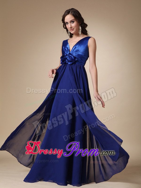 Elegant V-neck Empire Royal Blue Dress for Prom with Flowers