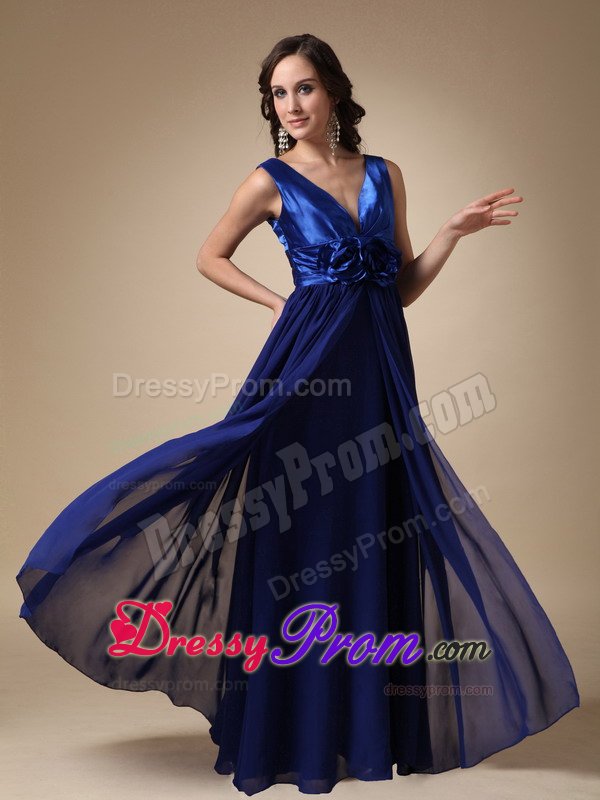 Elegant V-neck Empire Royal Blue Dress for Prom with Flowers