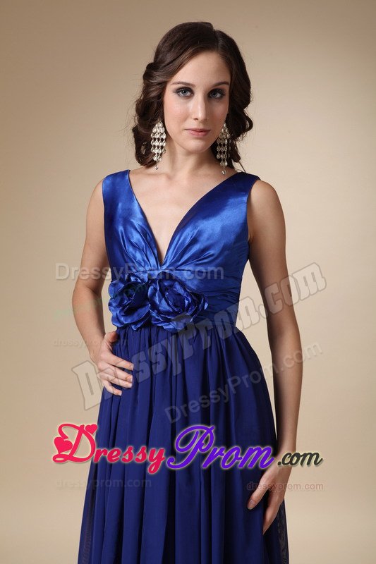 Elegant V-neck Empire Royal Blue Dress for Prom with Flowers