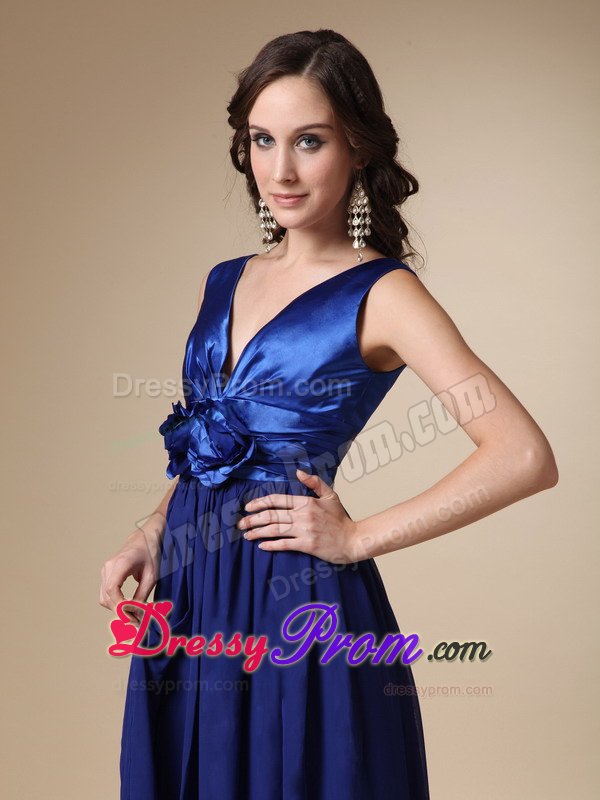 Elegant V-neck Empire Royal Blue Dress for Prom with Flowers