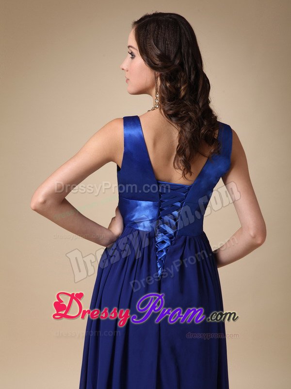 Elegant V-neck Empire Royal Blue Dress for Prom with Flowers