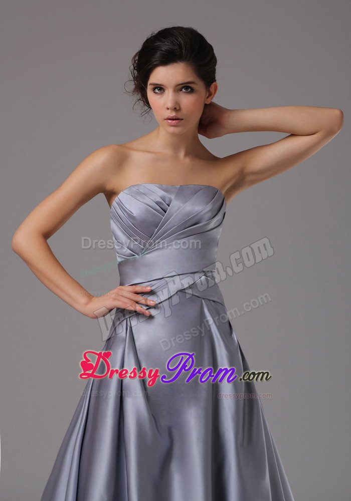 Brand New Strapless Ruched Sweep Train Silver Prom Dresses