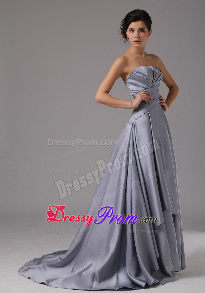Brand New Strapless Ruched Sweep Train Silver Prom Dresses