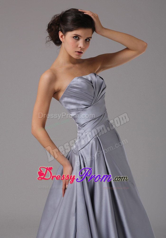 Brand New Strapless Ruched Sweep Train Silver Prom Dresses