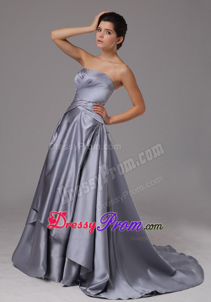 Brand New Strapless Ruched Sweep Train Silver Prom Dresses
