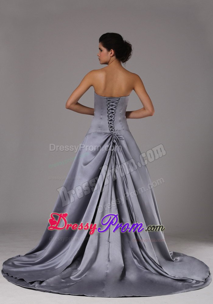 Brand New Strapless Ruched Sweep Train Silver Prom Dresses