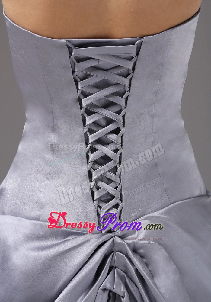 Brand New Strapless Ruched Sweep Train Silver Prom Dresses