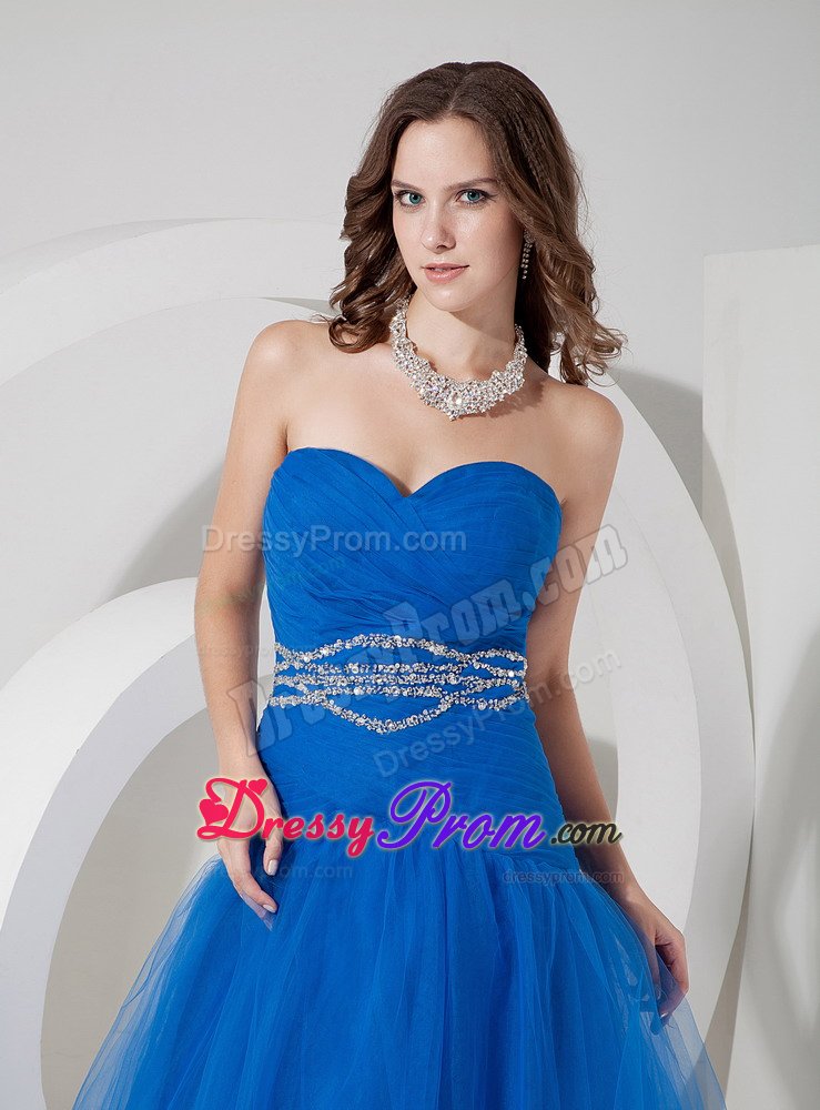 A-line Sweetheart Tulle Beaded Blue Prom Dress for Wholesale