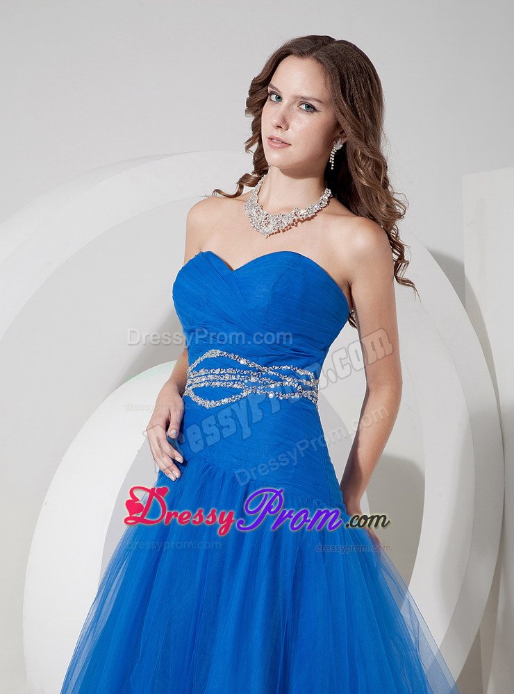 A-line Sweetheart Tulle Beaded Blue Prom Dress for Wholesale