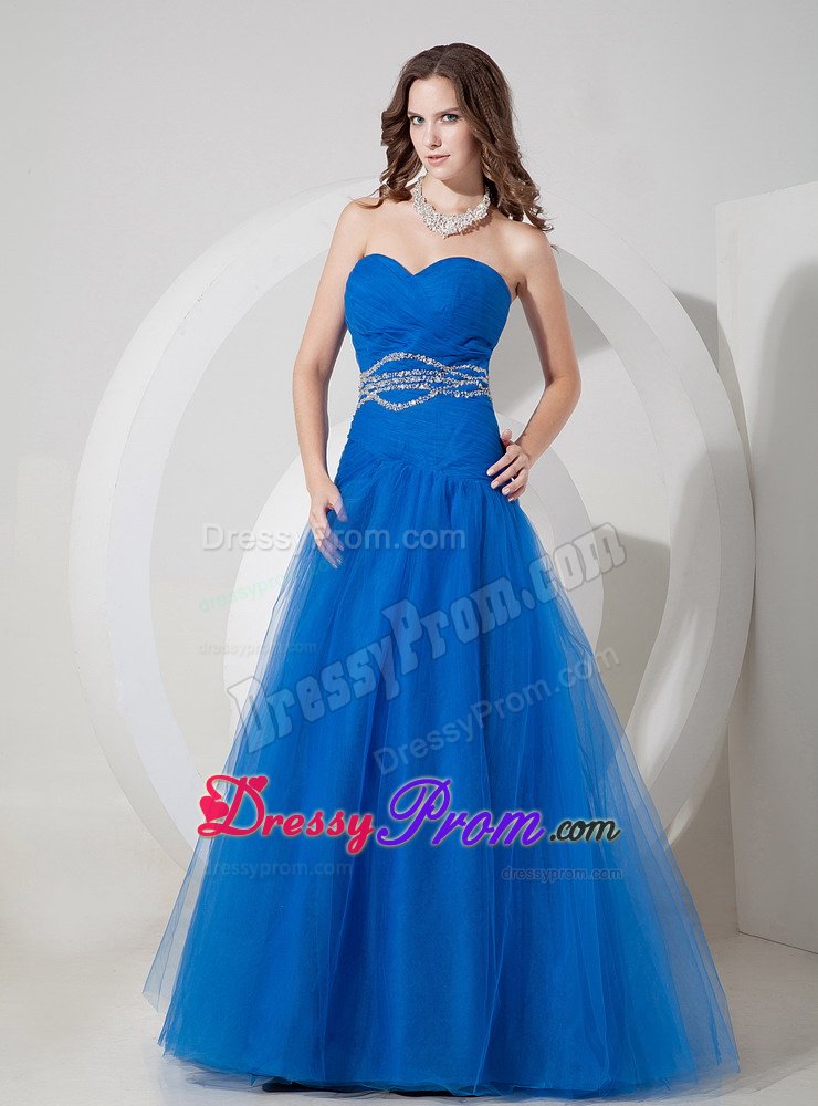 A-line Sweetheart Tulle Beaded Blue Prom Dress for Wholesale