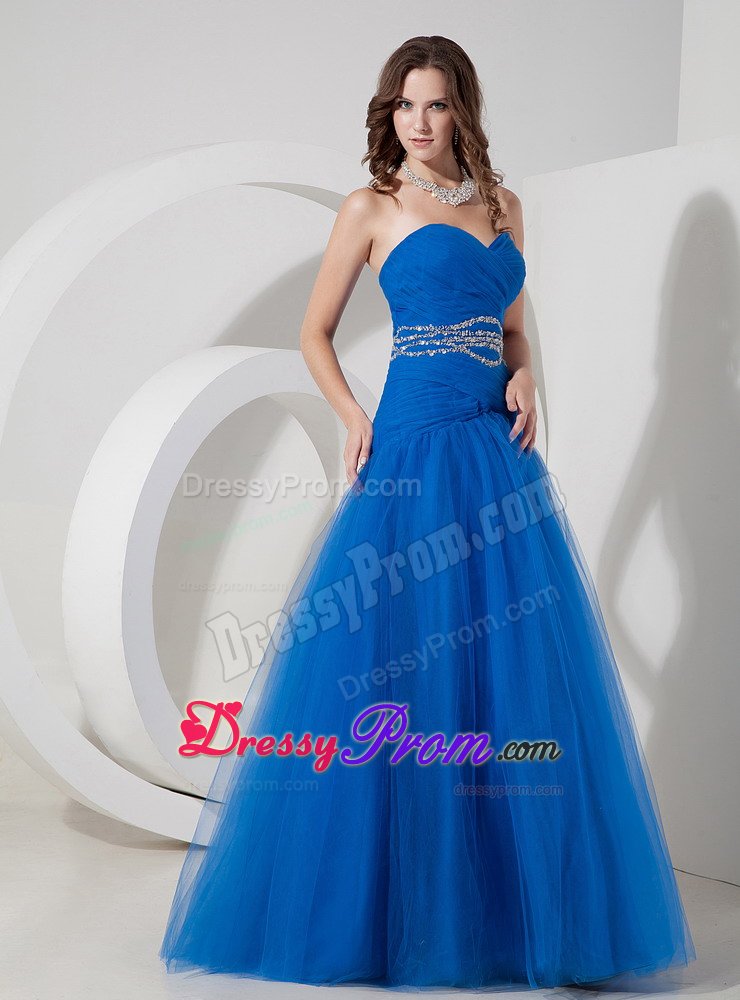 A-line Sweetheart Tulle Beaded Blue Prom Dress for Wholesale