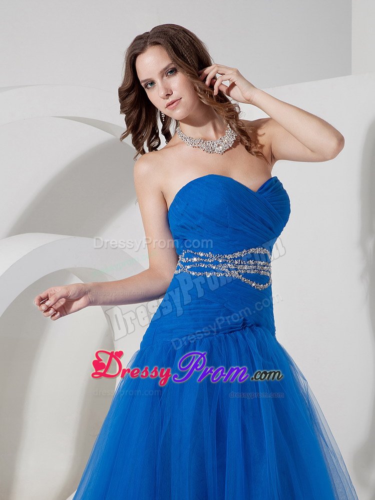 A-line Sweetheart Tulle Beaded Blue Prom Dress for Wholesale