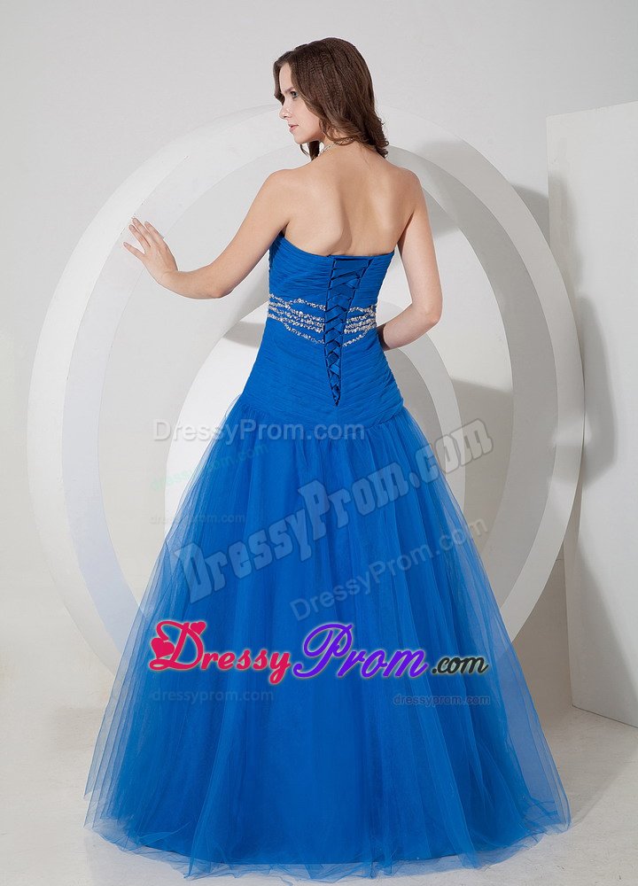A-line Sweetheart Tulle Beaded Blue Prom Dress for Wholesale