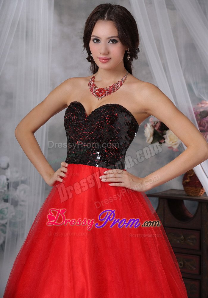 Cheap A-line Red and Black Prom Evening Dress with Paillette