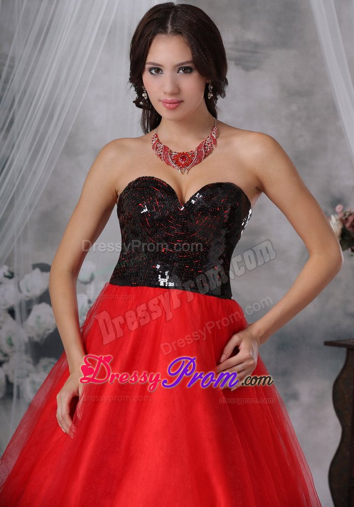 Cheap A-line Red and Black Prom Evening Dress with Paillette