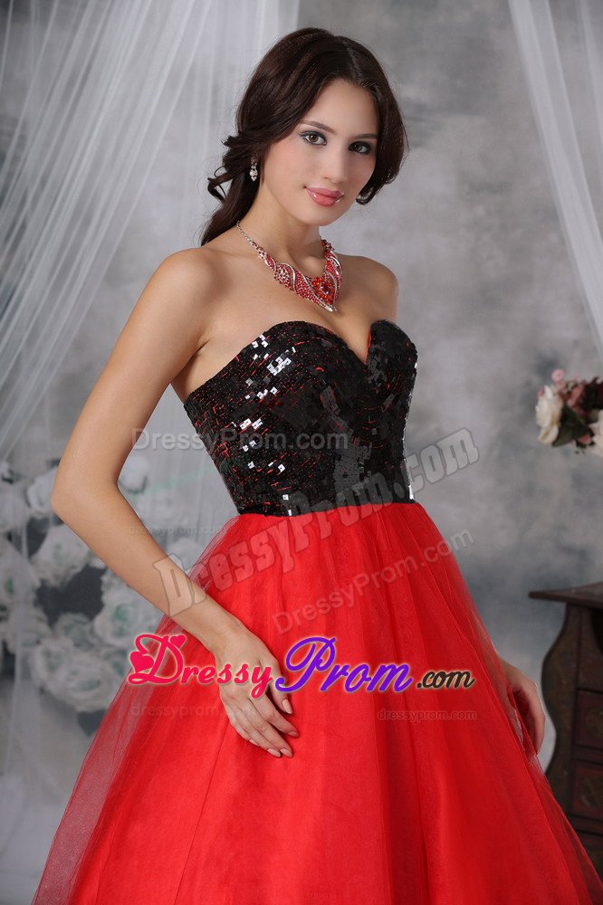 Cheap A-line Red and Black Prom Evening Dress with Paillette