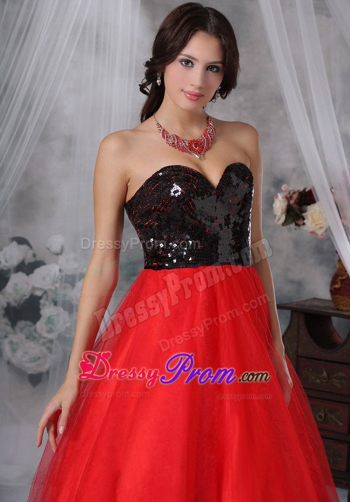 Cheap A-line Red and Black Prom Evening Dress with Paillette