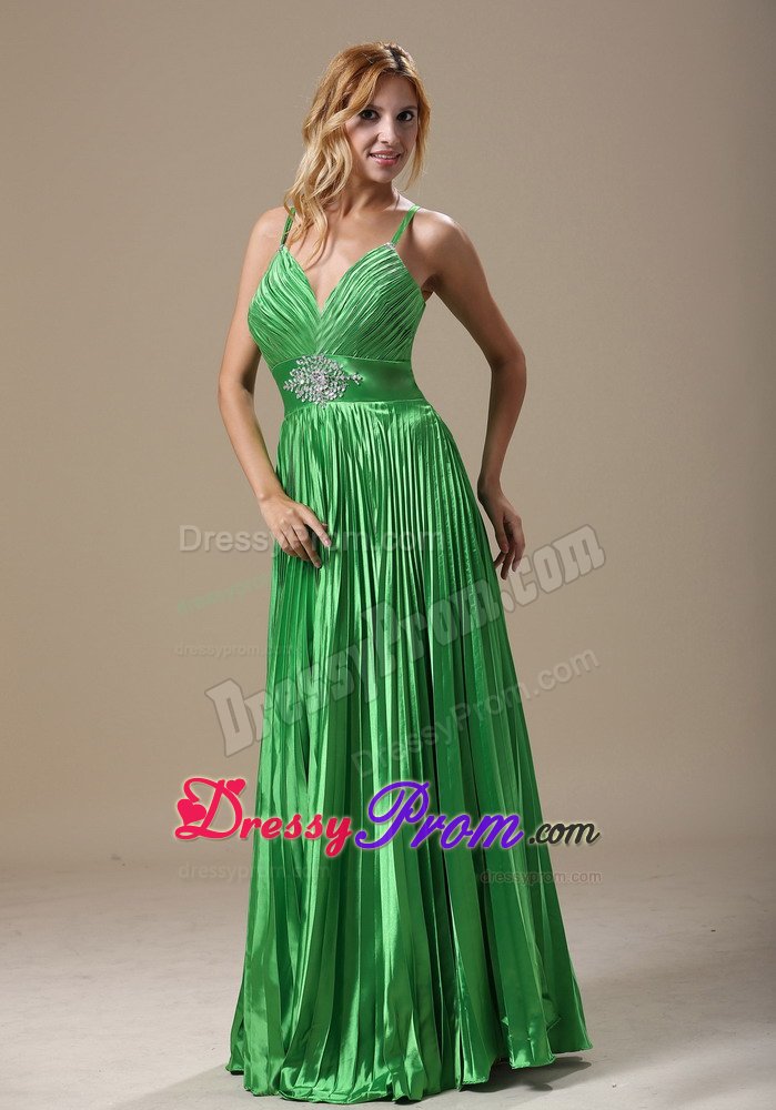 Spaghetti Straps Floor-length Prom Graduation Dress Pleat in Spring Green