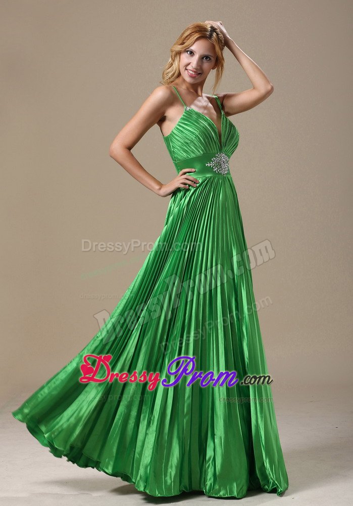 Spaghetti Straps Floor-length Prom Graduation Dress Pleat in Spring Green
