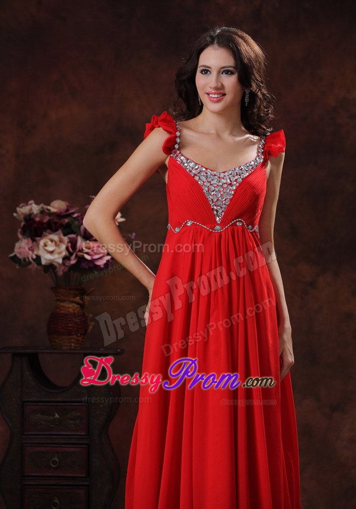 Red Beaded Square Prom Dresses Chiffon with Zipper up Back for Olinda