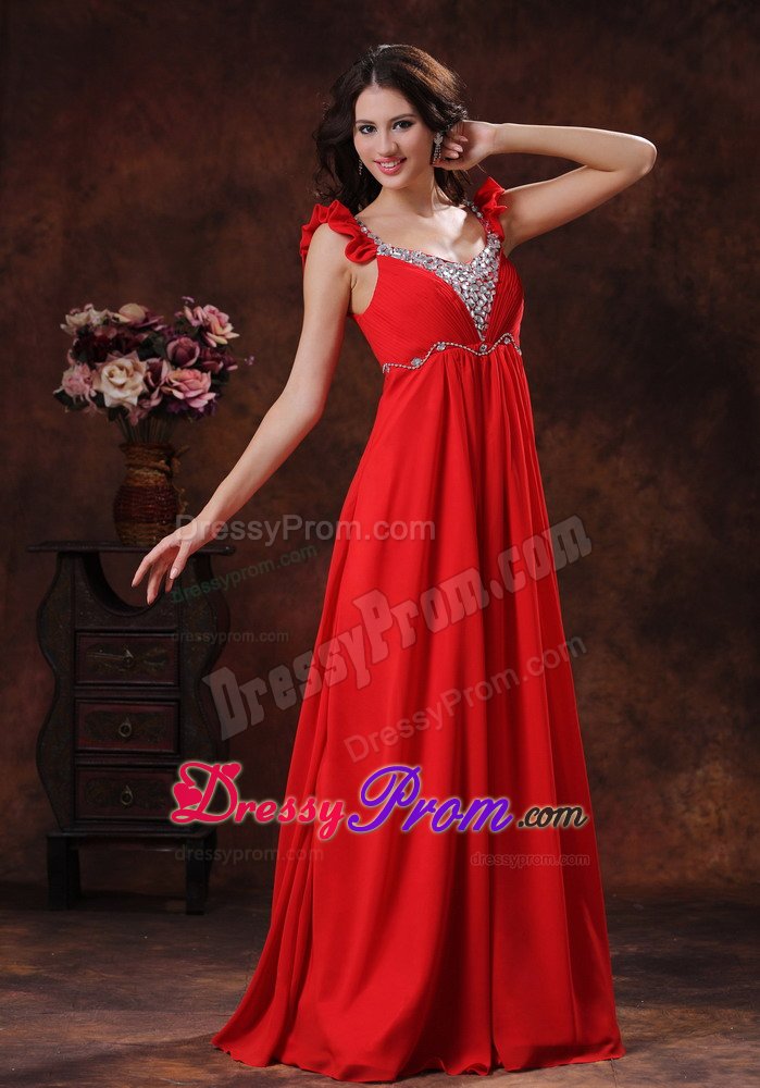 Red Beaded Square Prom Dresses Chiffon with Zipper up Back for Olinda