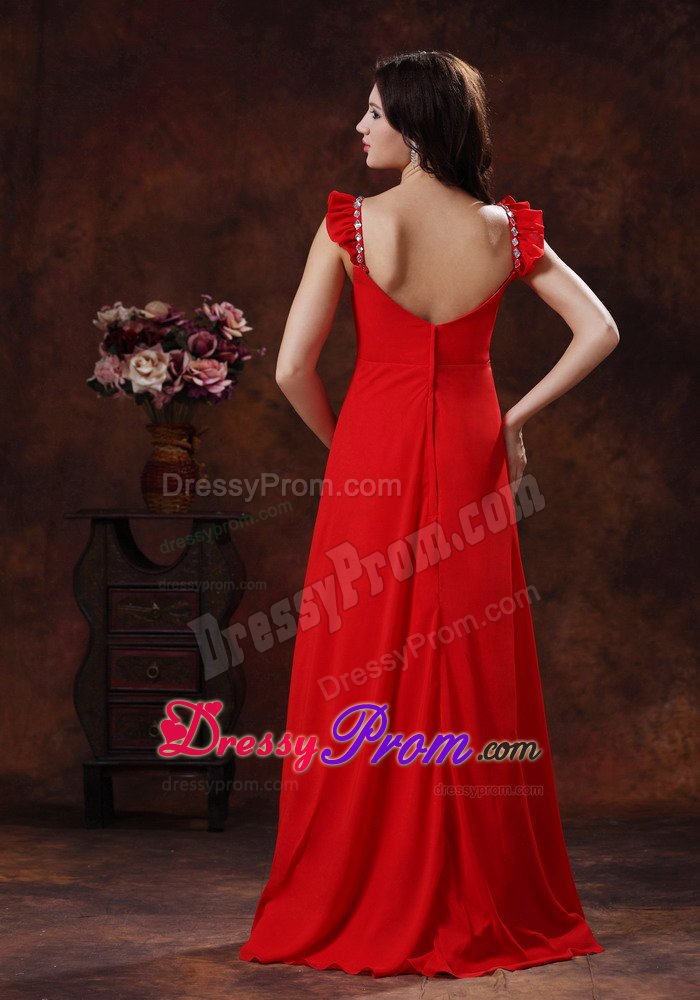 Red Beaded Square Prom Dresses Chiffon with Zipper up Back for Olinda
